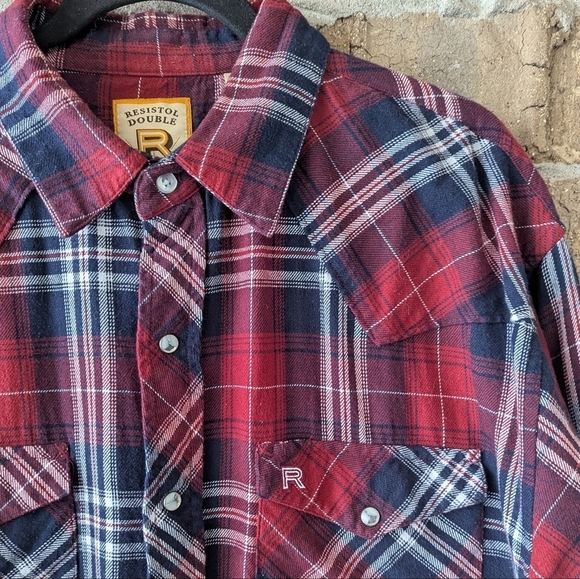 Resistor Double R Western Pearl Snap Long Sleeve Flannel Plaid Shirt Large - Picture 2 of 8